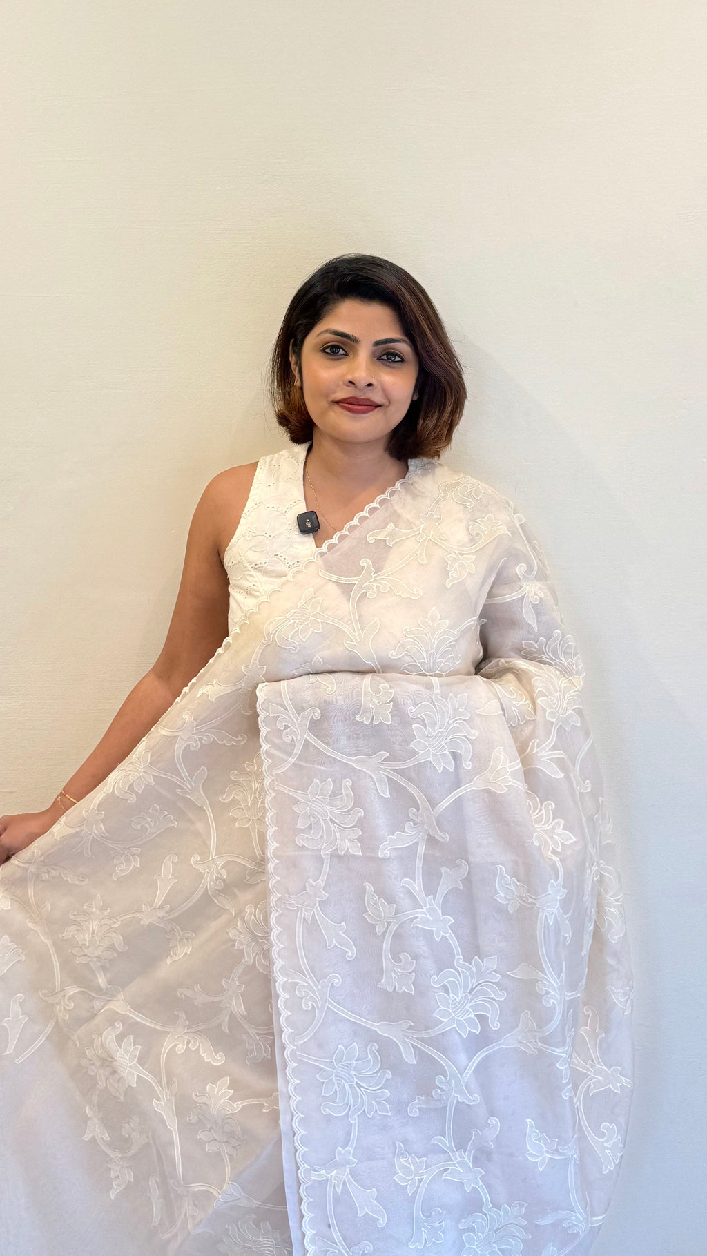 PURE SILK ORGANZA OFFWHITE APPLIQUE SAREE