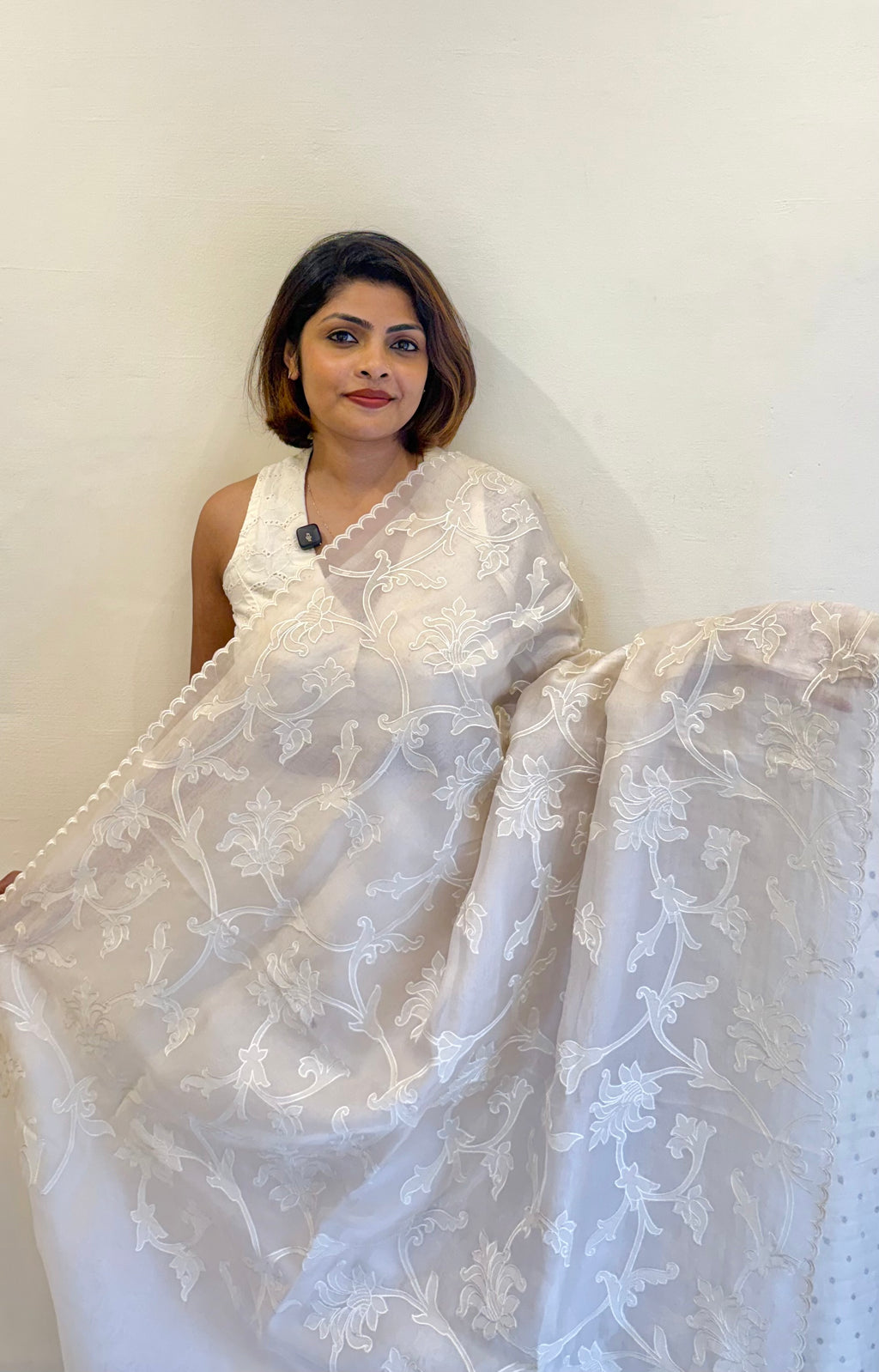 PURE SILK ORGANZA OFFWHITE APPLIQUE SAREE