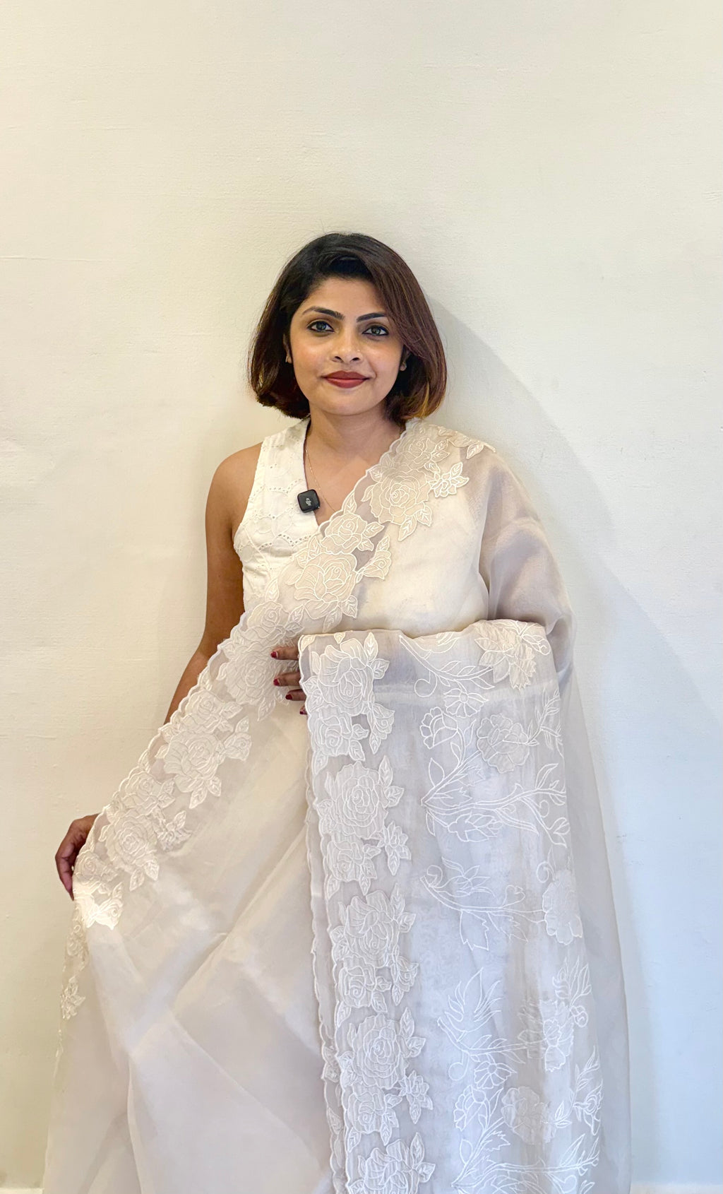 PURE SILK ORGANZA OFFWHITE APPLIQUE SAREE