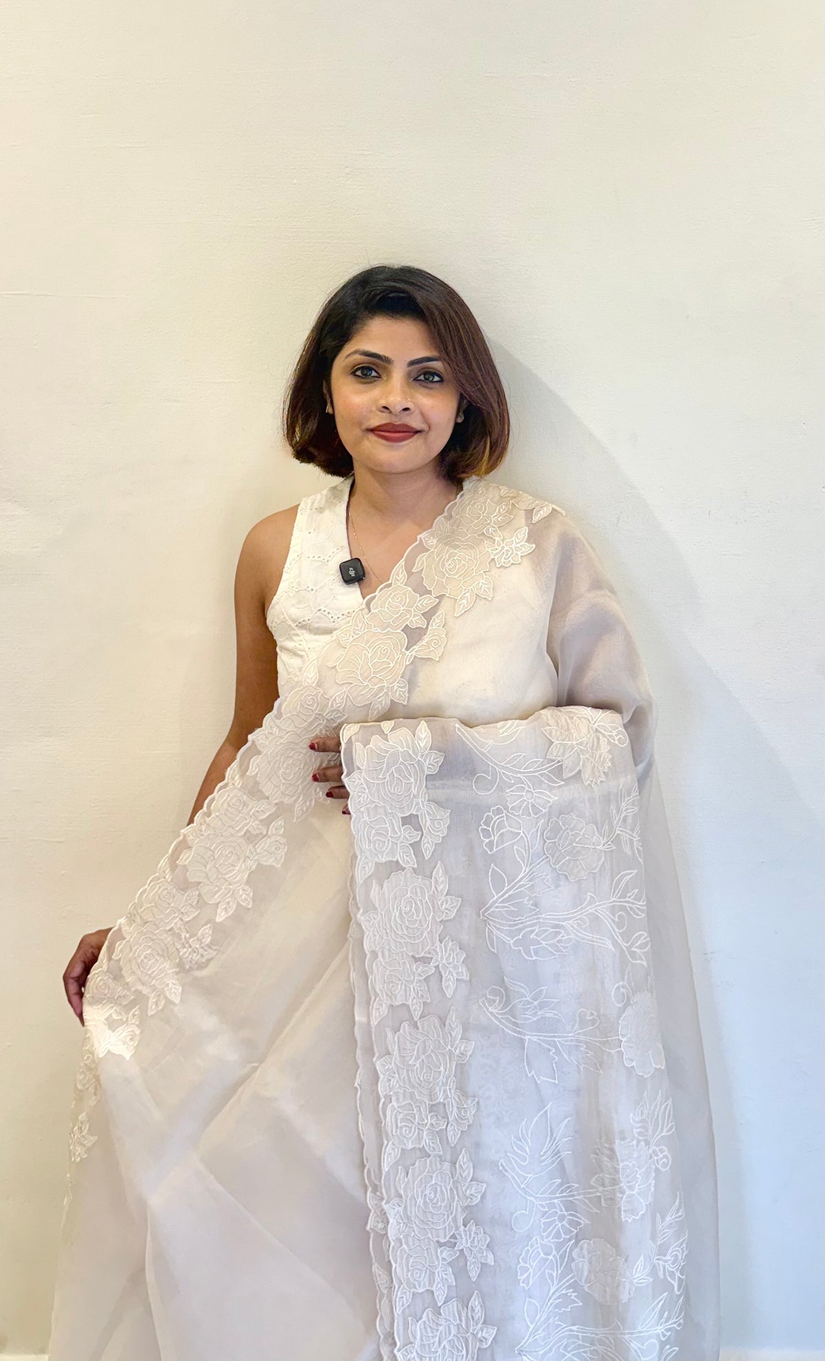 PURE SILK ORGANZA OFFWHITE APPLIQUE SAREE