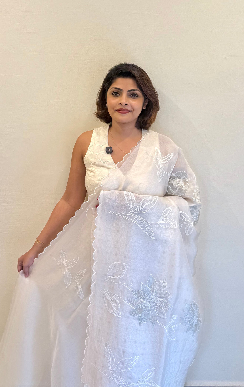 PURE SILK ORGANZA OFFWHITE APPLIQUE SAREE