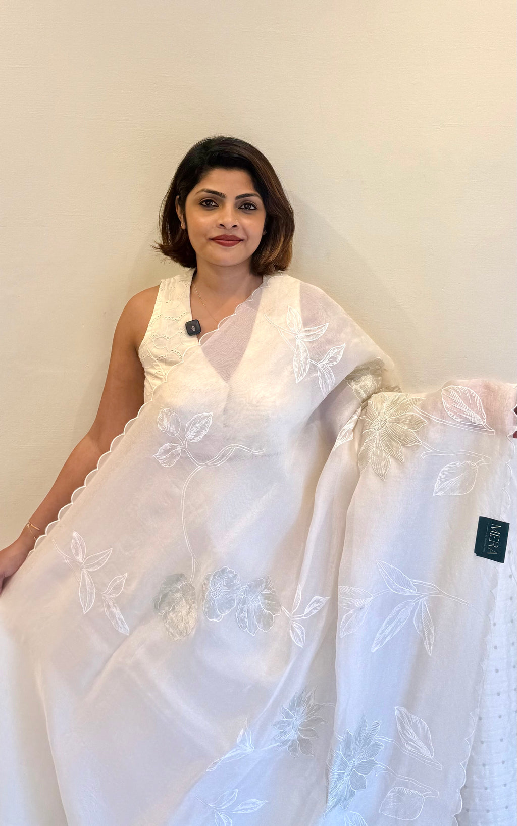 PURE SILK ORGANZA OFFWHITE APPLIQUE SAREE