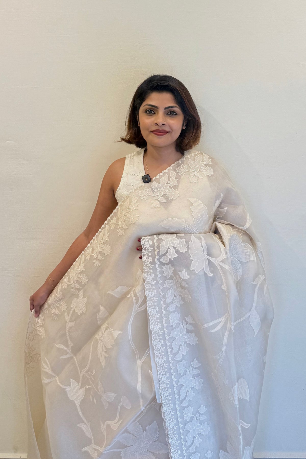 PURE SILK ORGANZA OFFWHITE WITH APPLIQUE WORK