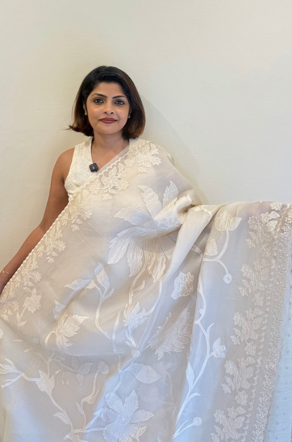 PURE SILK ORGANZA OFFWHITE WITH APPLIQUE WORK