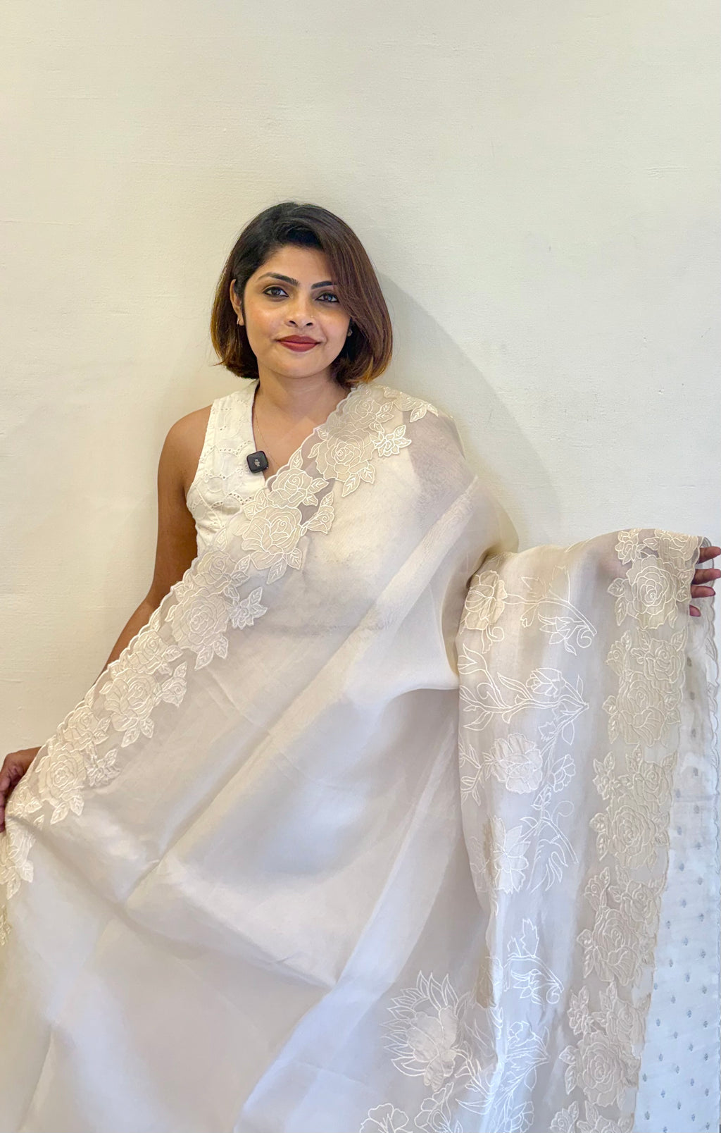 PURE SILK ORGANZA OFFWHITE APPLIQUE SAREE