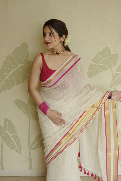 Cream Soft Tissue Saree with Pink & Gold Zari Border