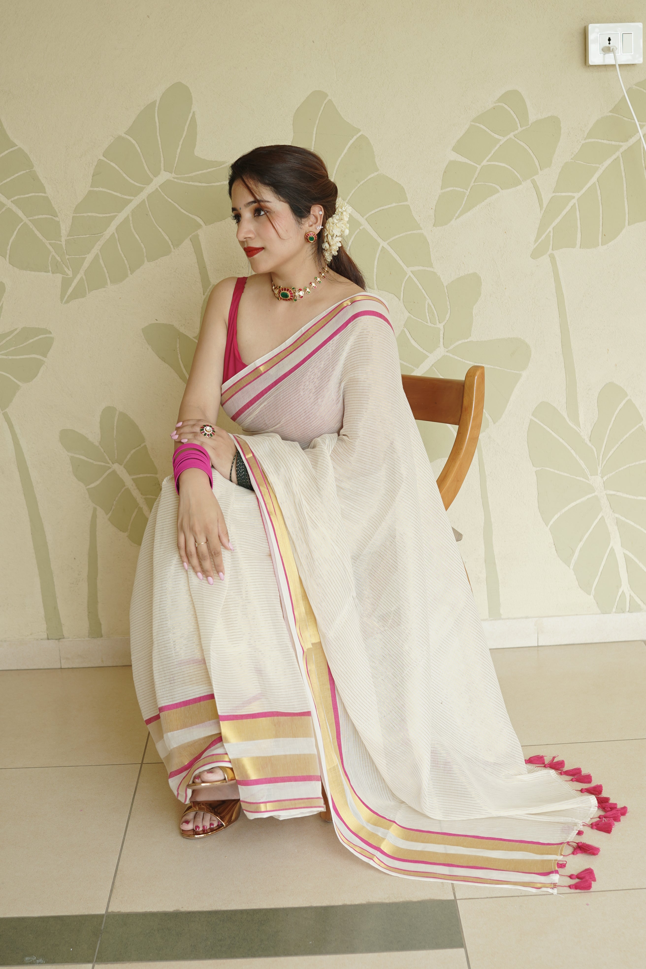 Cream Soft Tissue Saree with Pink & Gold Zari Border