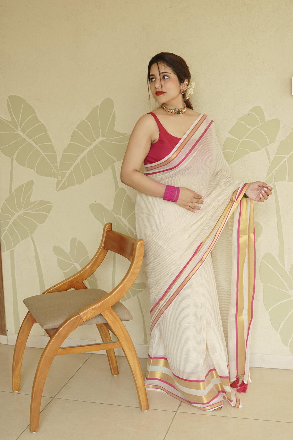 Cream Soft Tissue Saree with Pink & Gold Zari Border