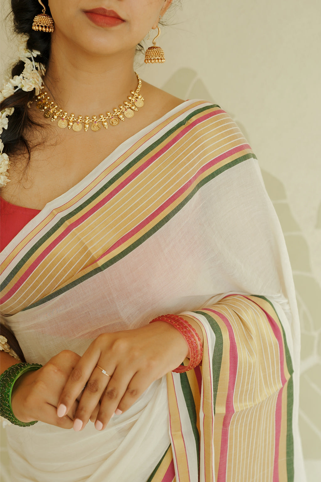 Off-White Cotton Saree with Multi-Color Zari Stripe Border