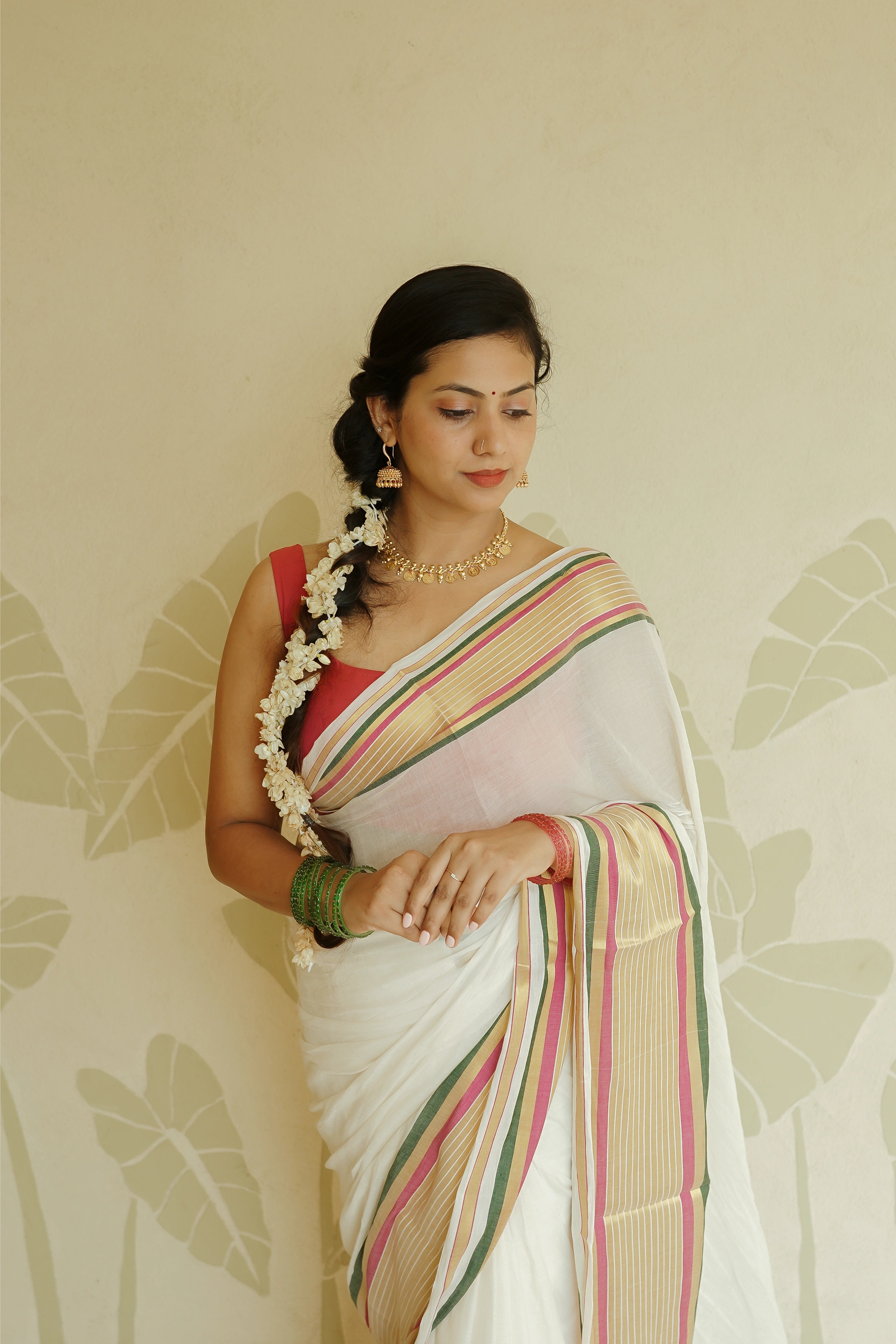 Off-White Cotton Saree with Multi-Color Zari Stripe Border