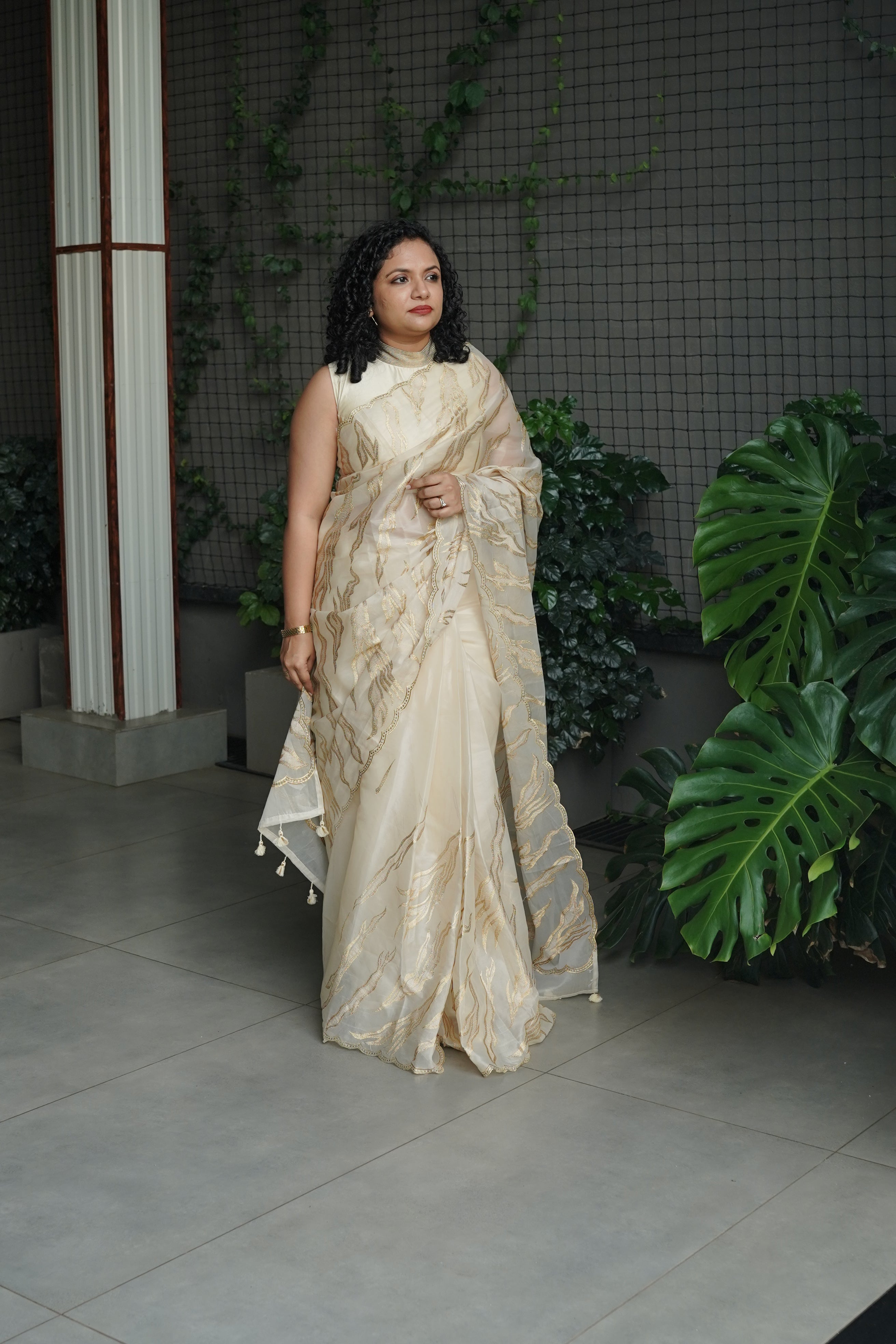 Semi Organza With Gold Zari Embroidery