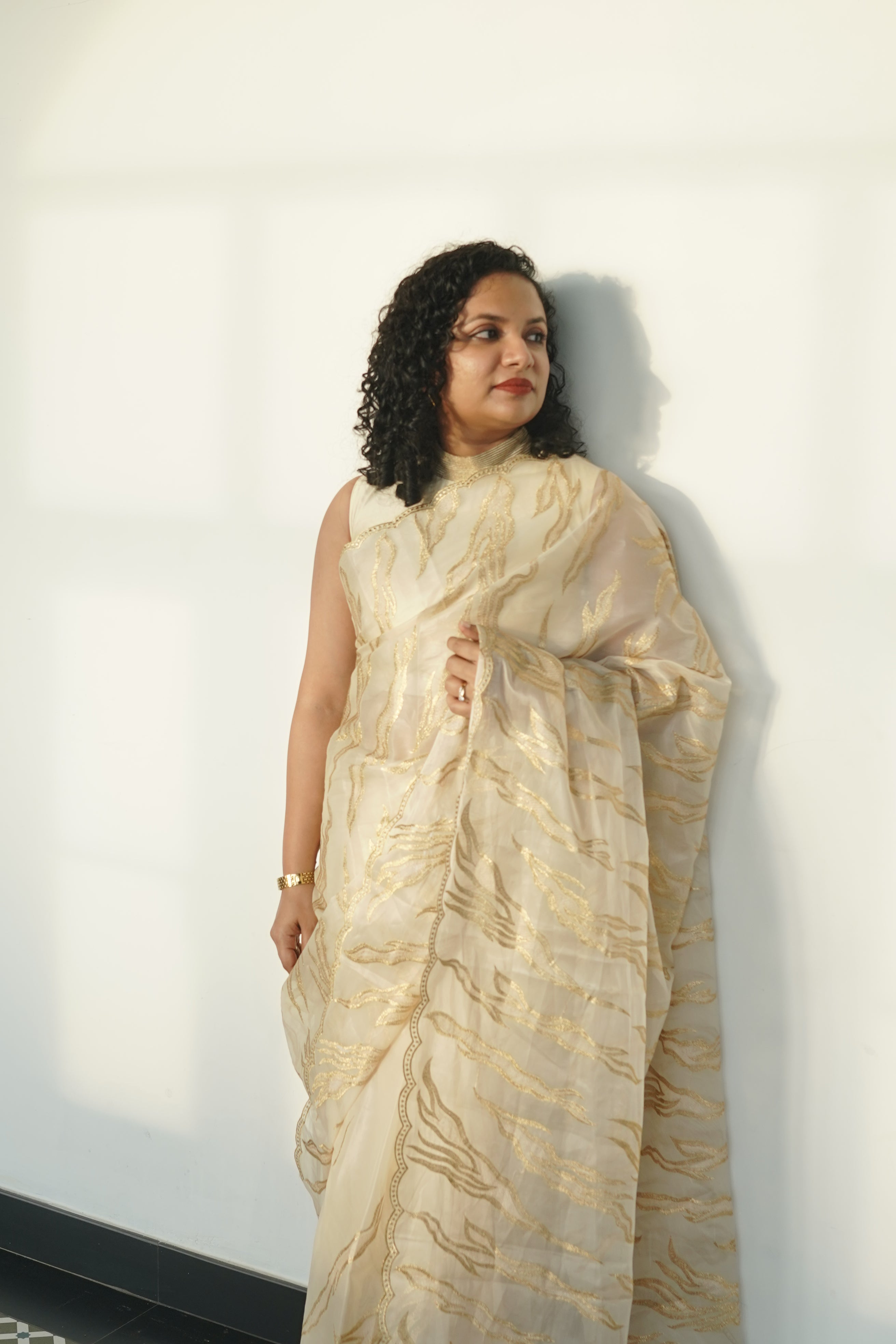 Semi Organza With Gold Zari Embroidery