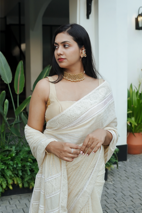 Chandheri Silk With Chikenkari Lace Details