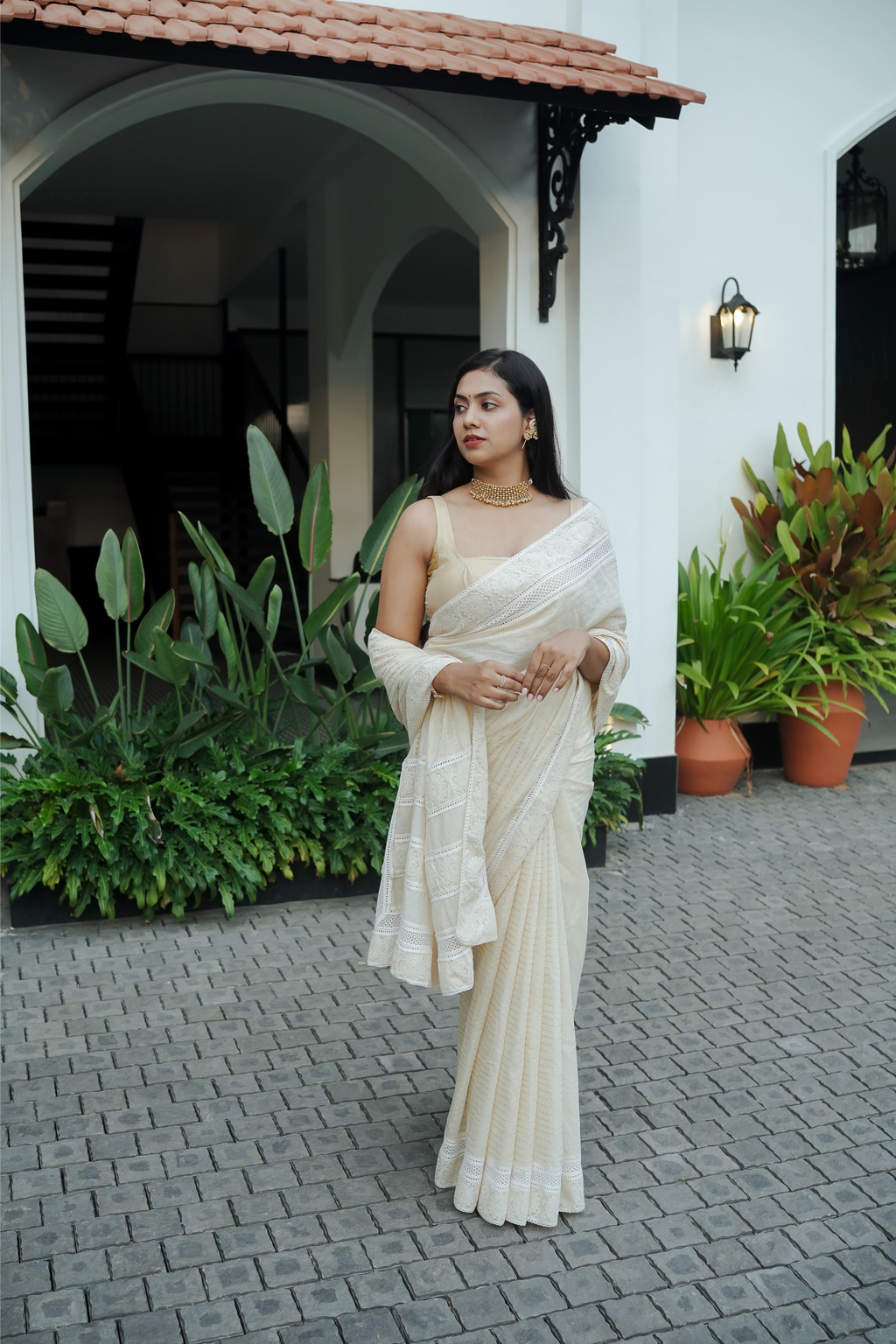 Chandheri Silk With Chikenkari Lace Details