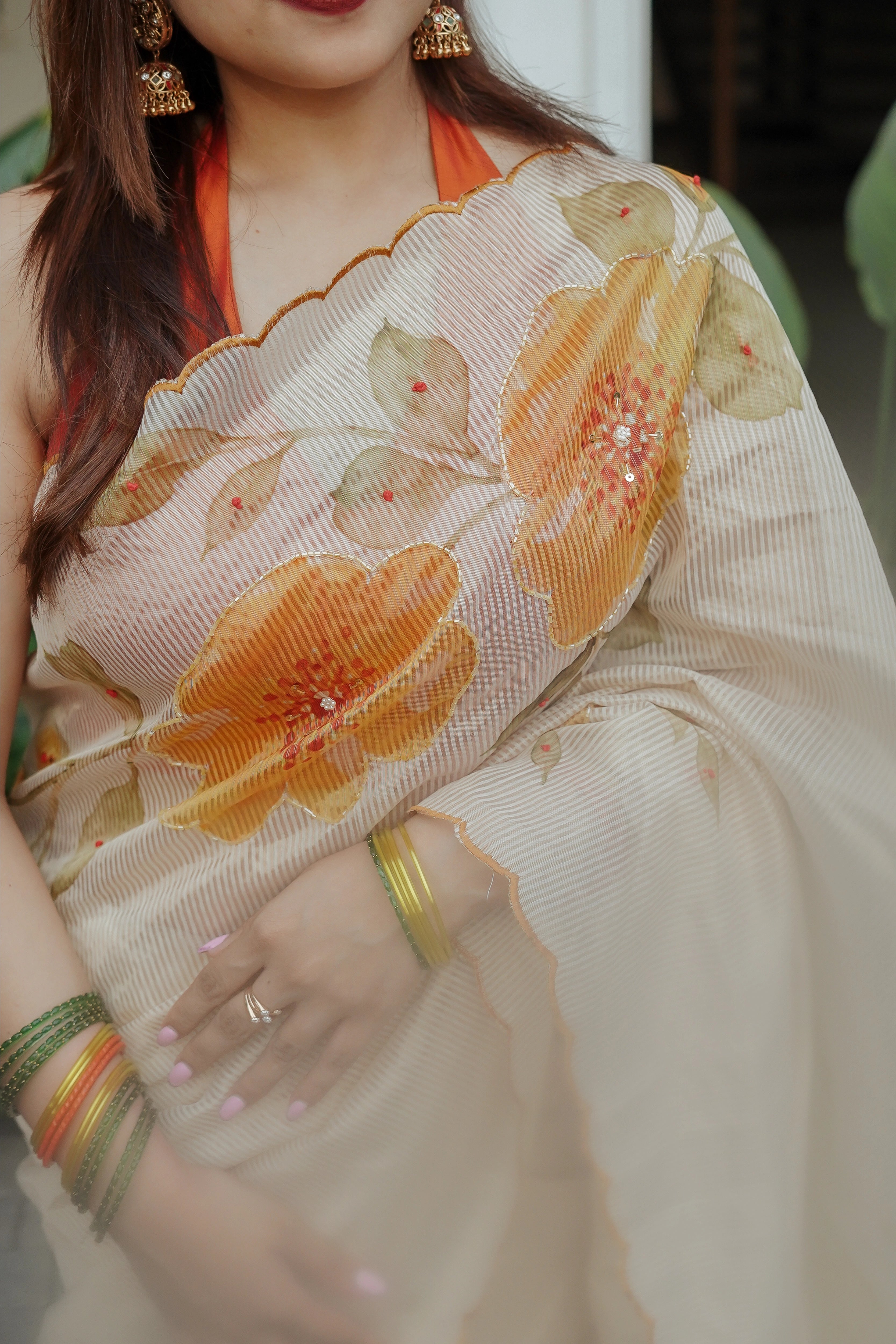 Chandheri Tissue Stripes With Digital Print And Handwork