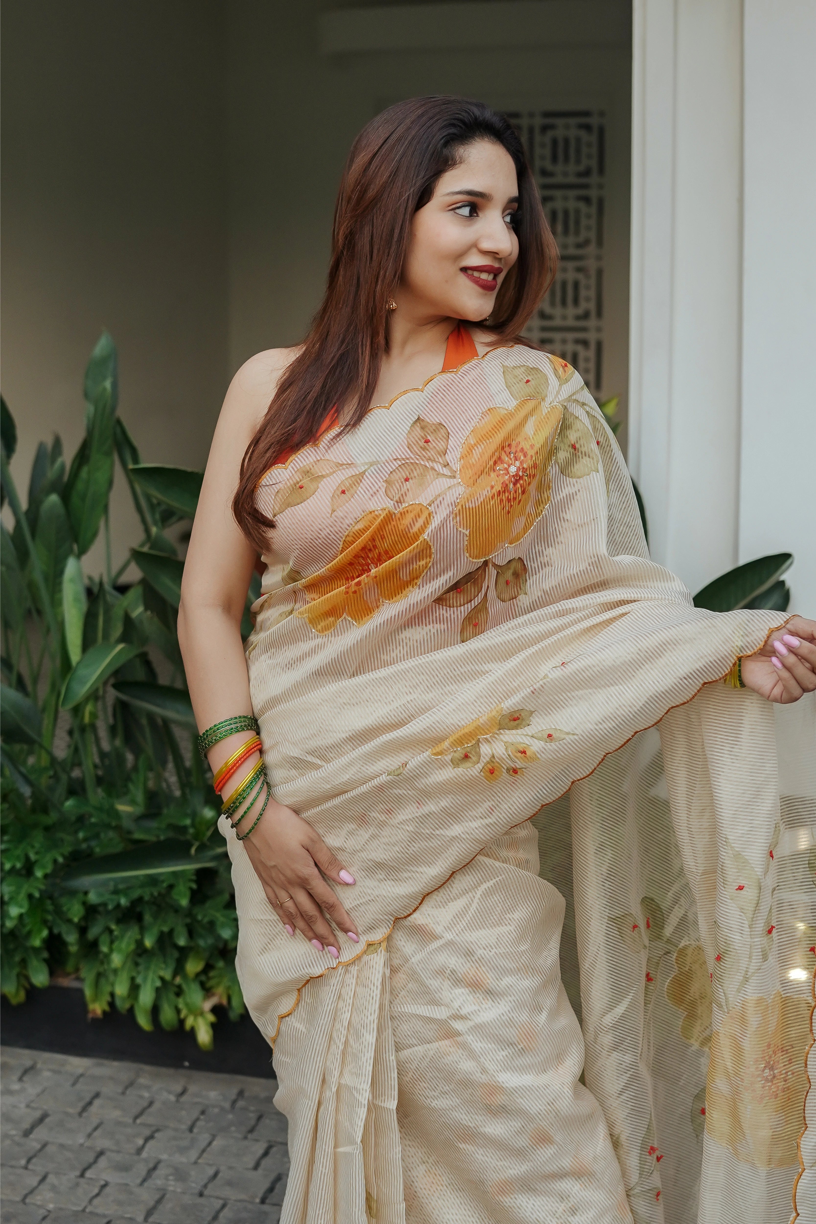 Chandheri Tissue Stripes With Digital Print And Handwork