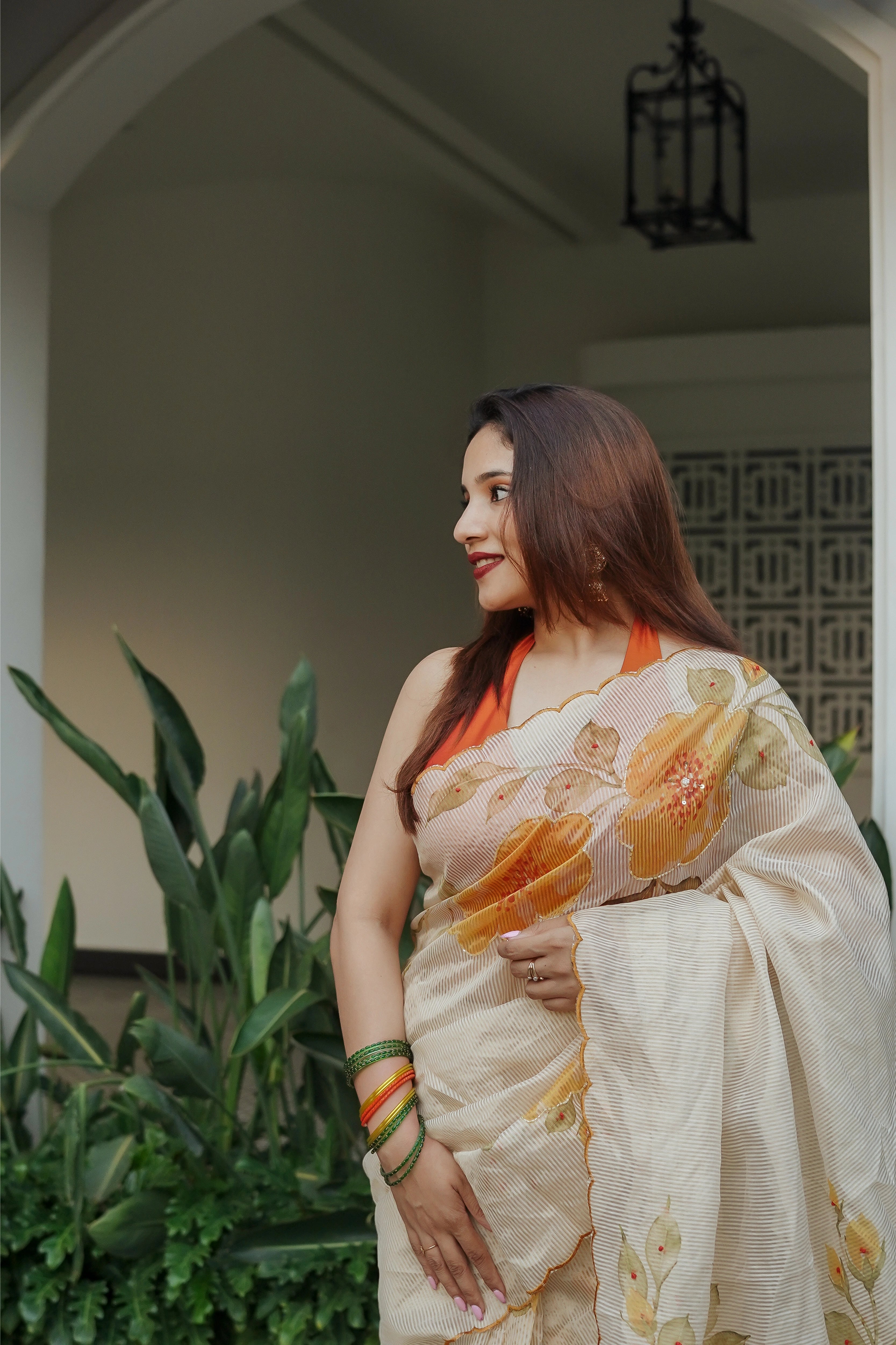 Chandheri Tissue Stripes With Digital Print And Handwork