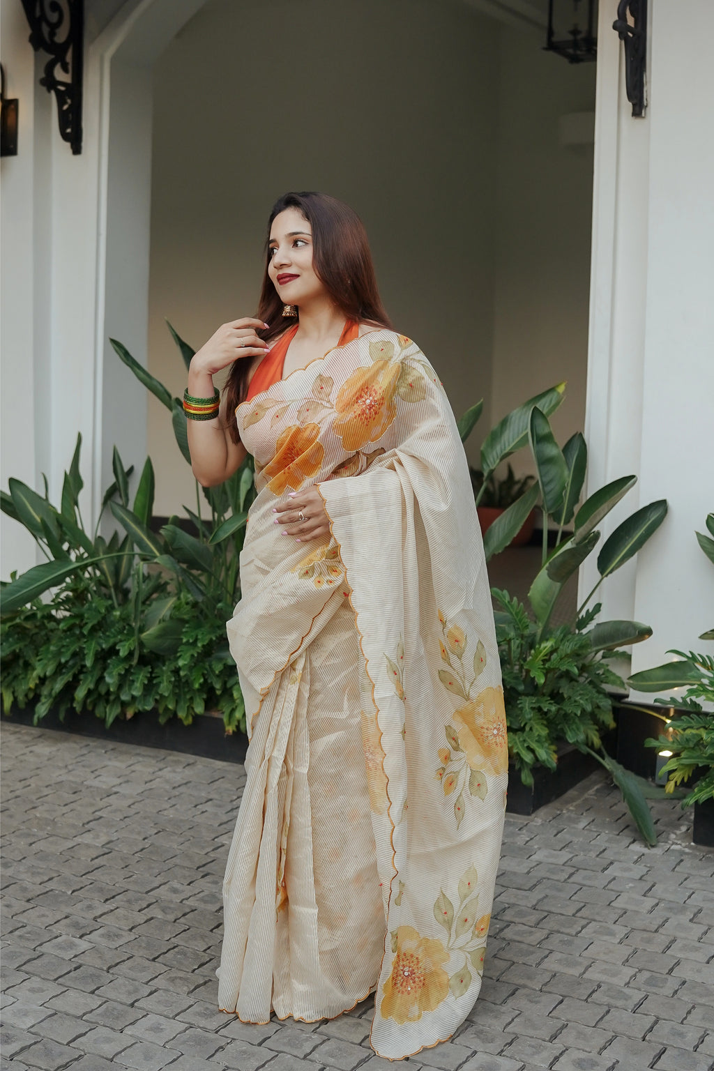 Chandheri Tissue Stripes With Digital Print And Handwork