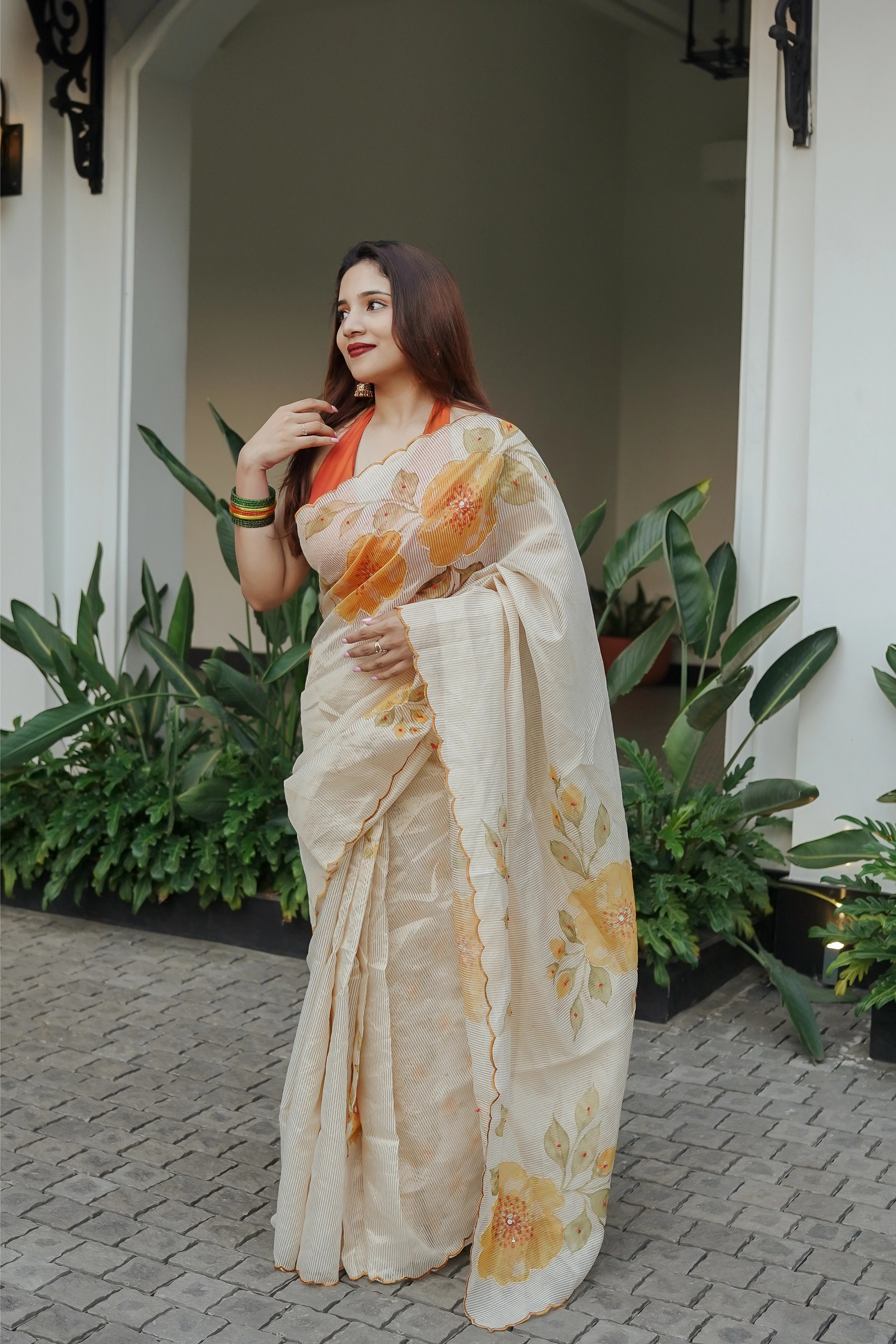 Chandheri Tissue Stripes With Digital Print And Handwork