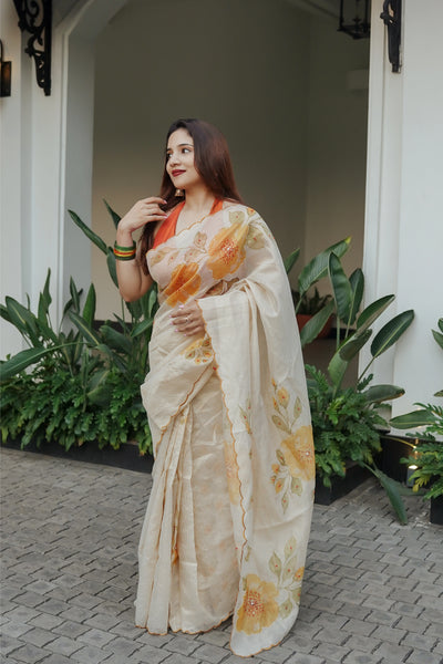 Chandheri Tissue Stripes With Digital Print And Handwork