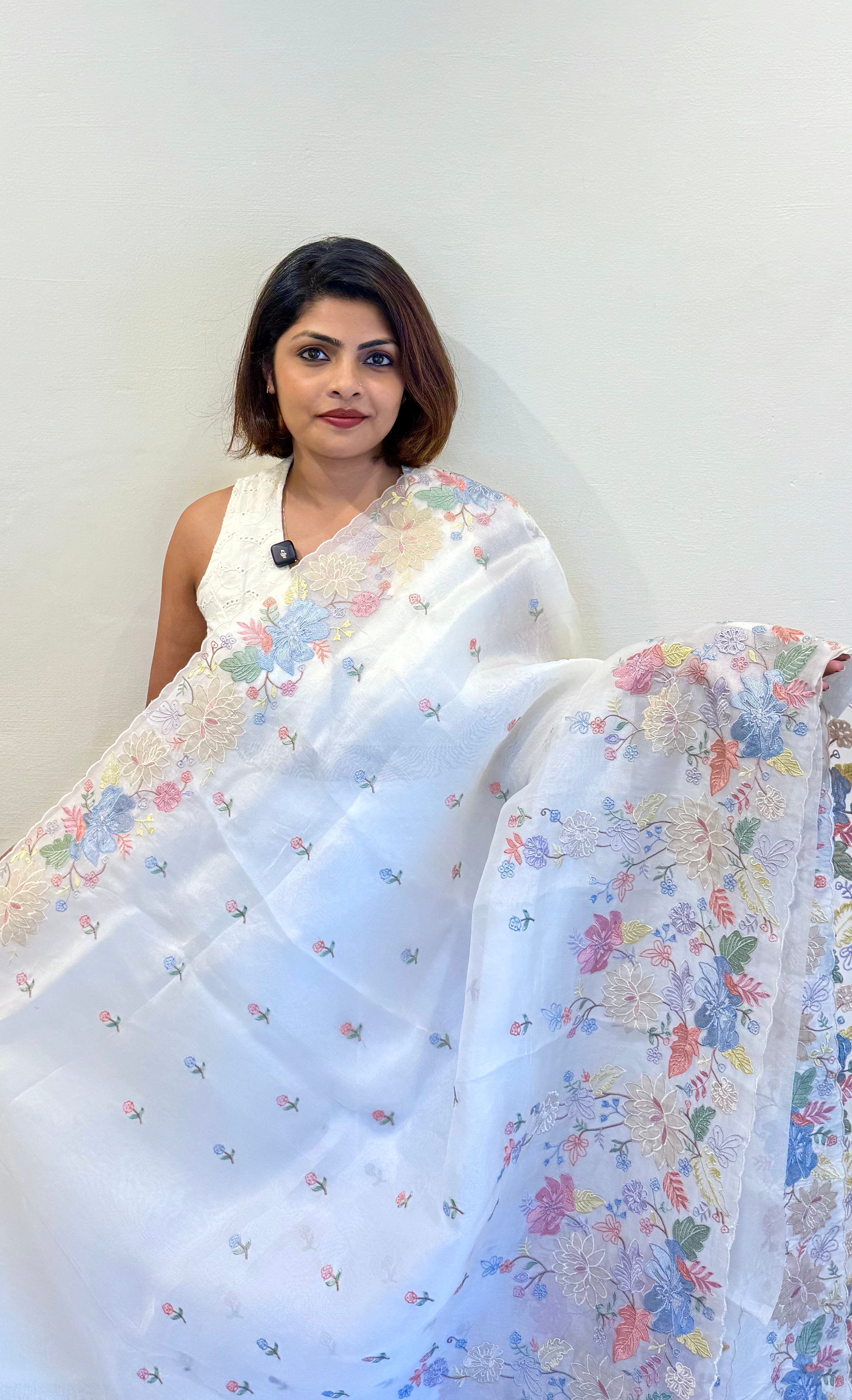 PURE SILK ORGANZA OFFWHITE MULTICOLOUR EMBROIDERY