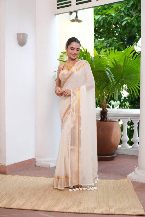 Ivory & Gold Tissue Silk Saree with Zari Stripe Border