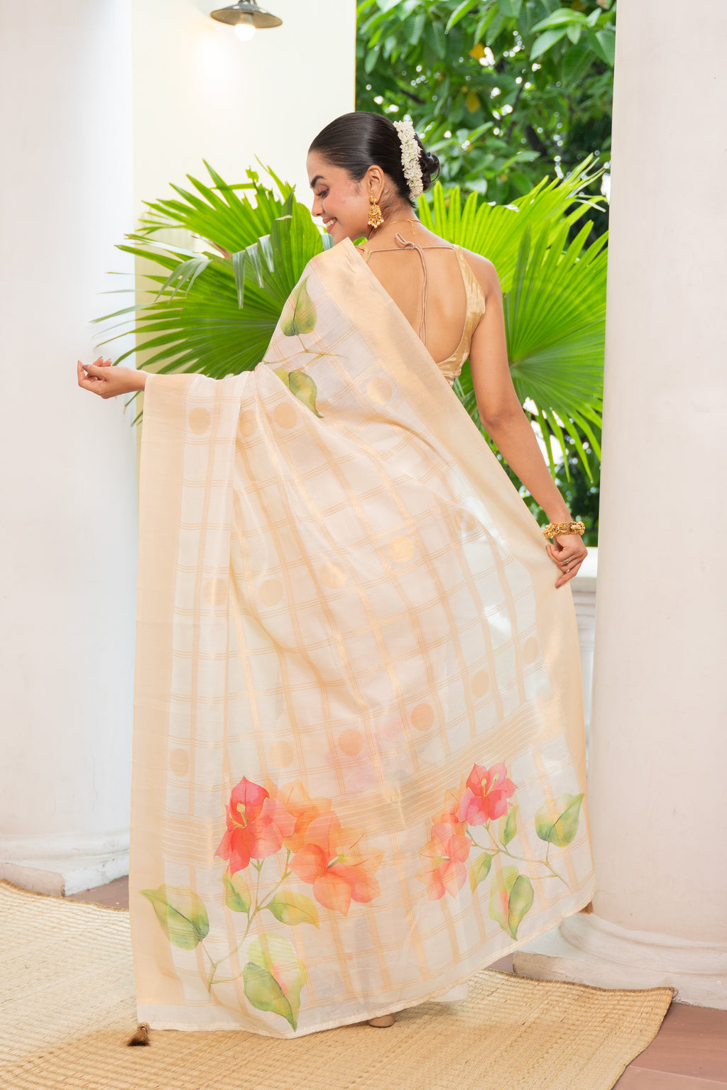 Soft Chandheri With Gold Checks And Digital Print