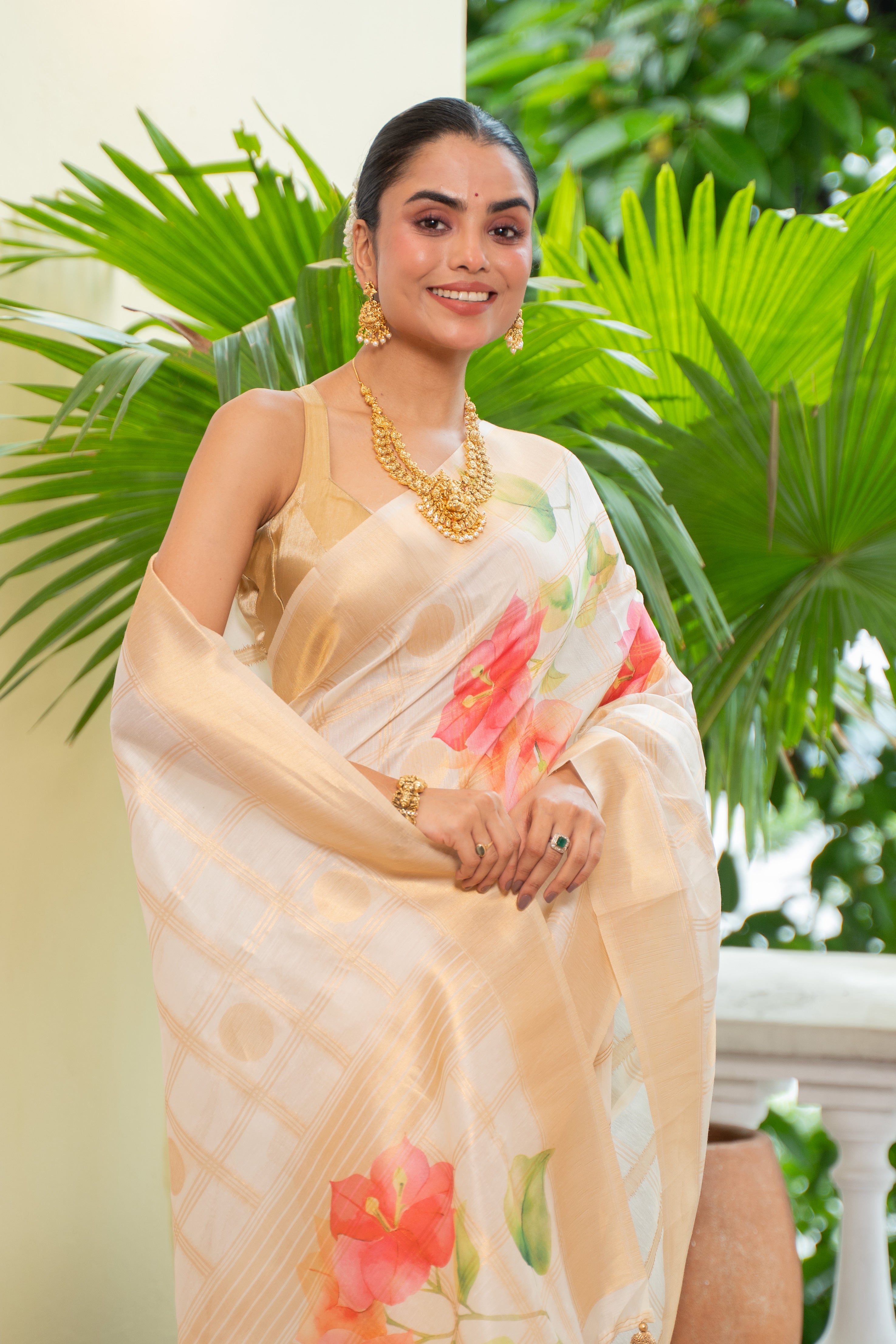 Soft Chandheri With Gold Checks And Digital Print
