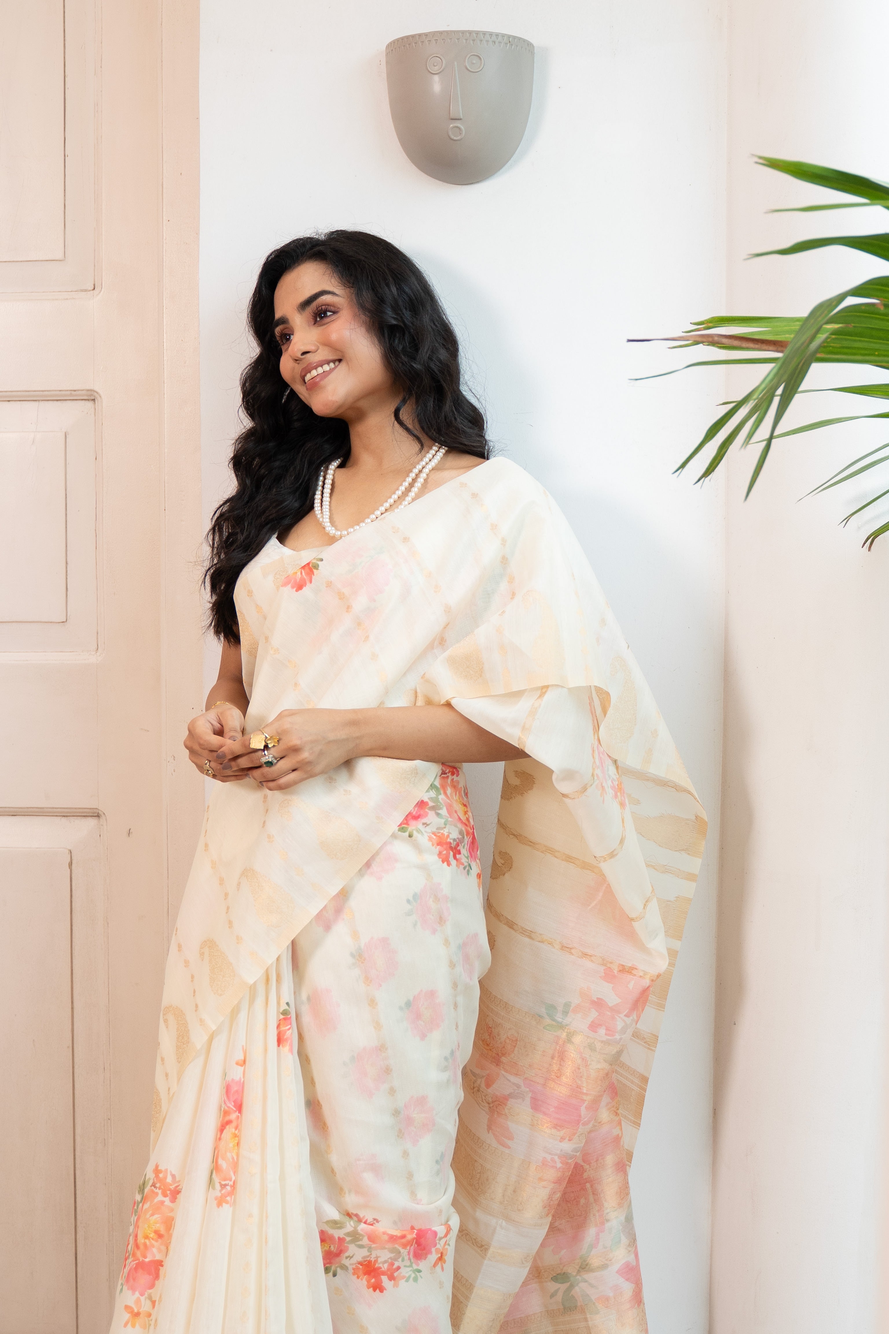 Multicolor Checkered Silk Saree with Pink Floral Embroidered Border