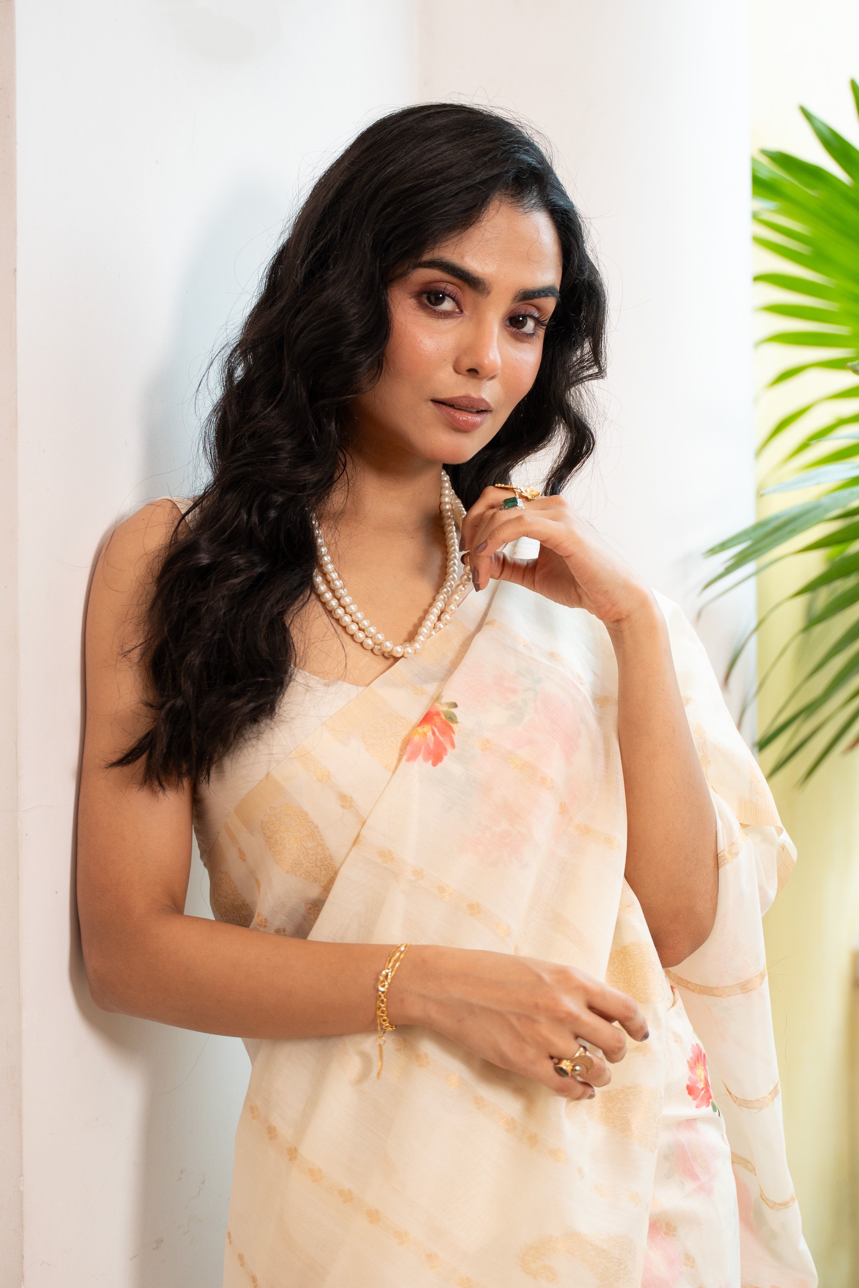 Multicolor Checkered Silk Saree with Pink Floral Embroidered Border