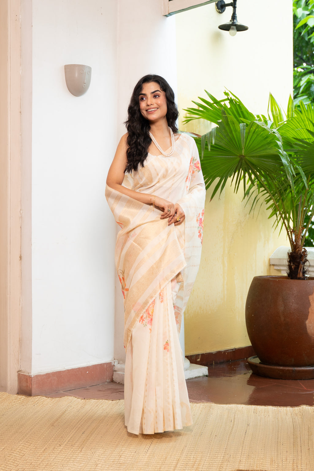 Multicolor Checkered Silk Saree with Pink Floral Embroidered Border