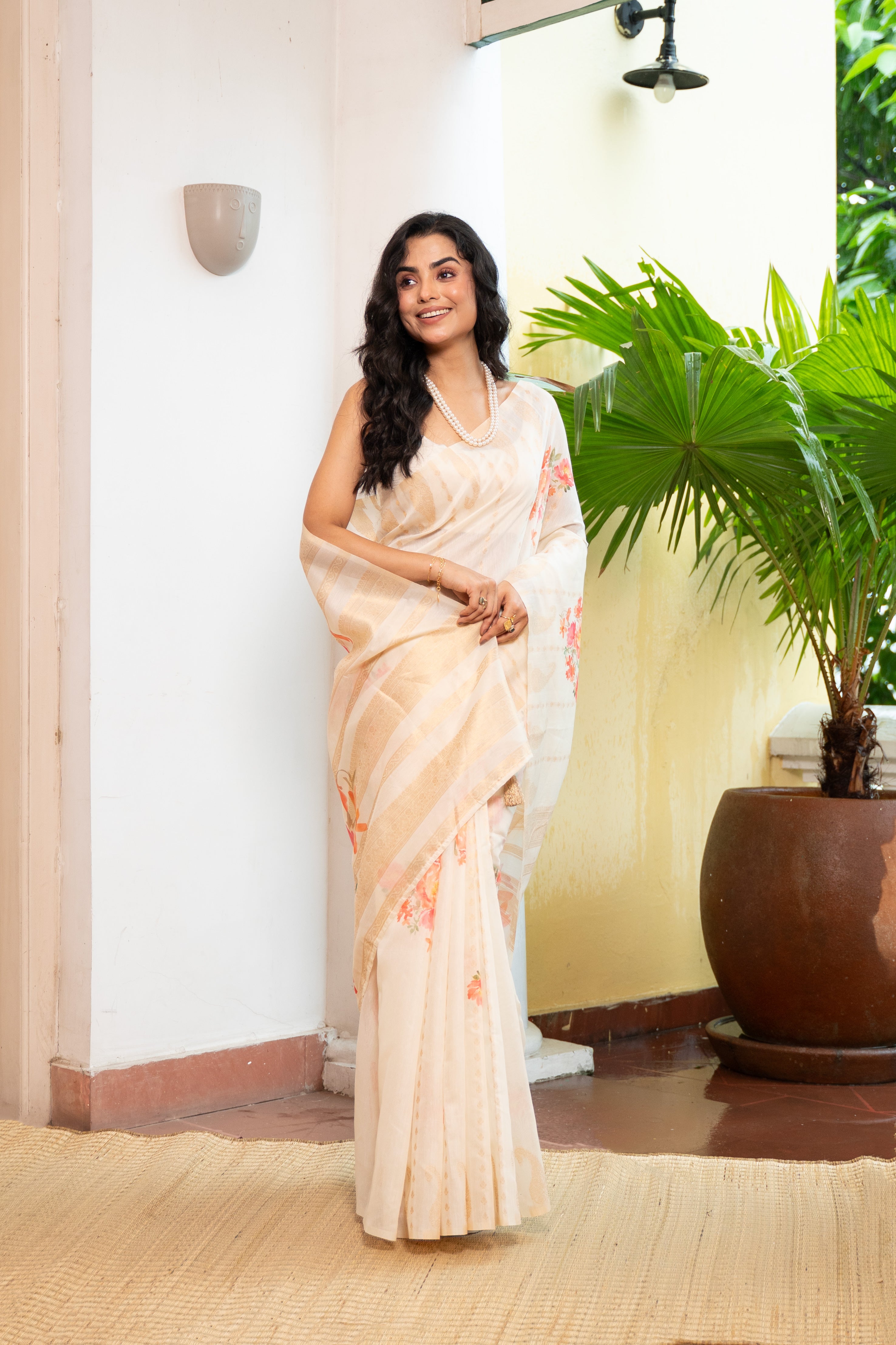 Multicolor Checkered Silk Saree with Pink Floral Embroidered Border