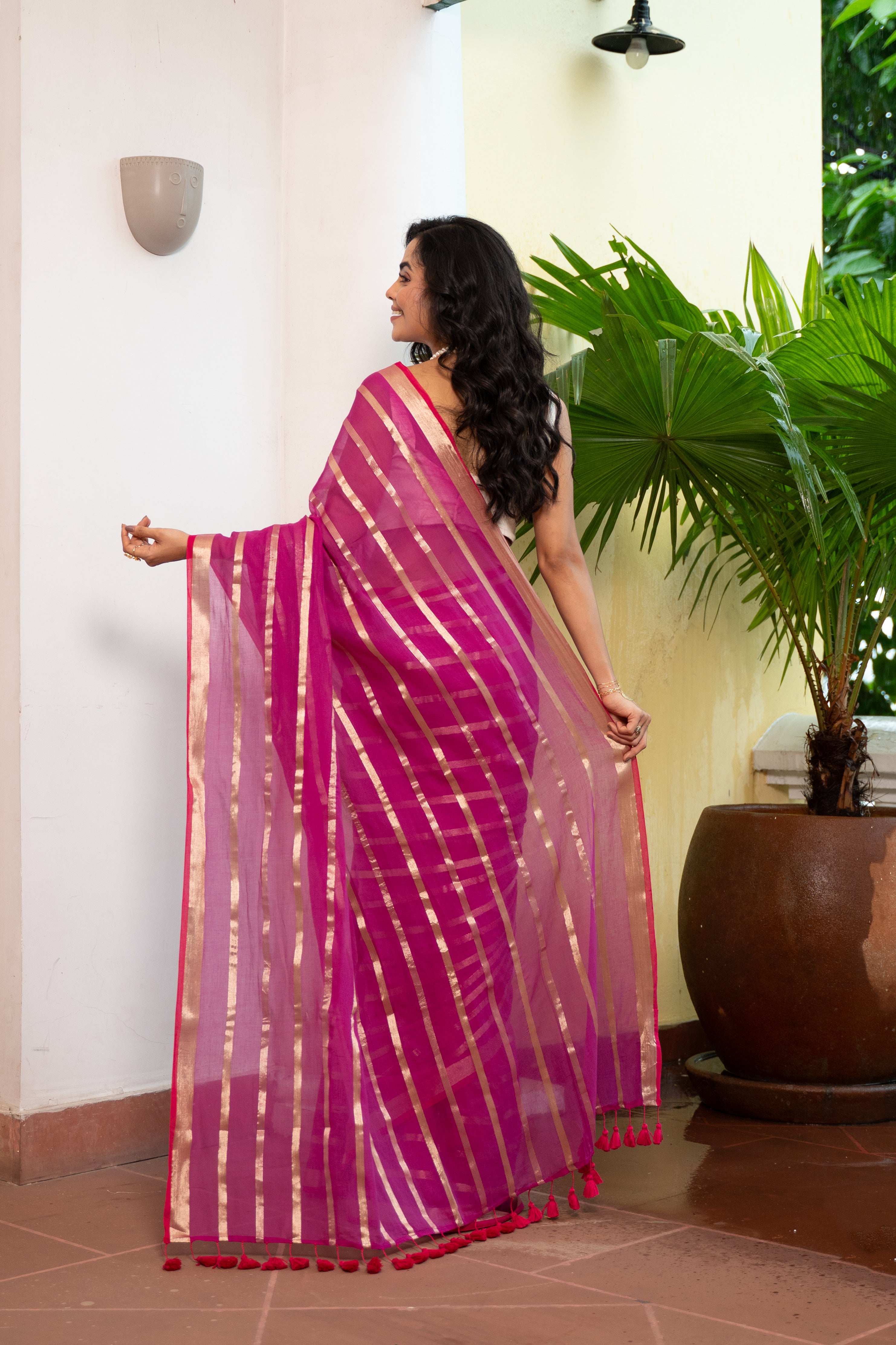 Mulcotton With Majenta Body And Gold Stripes