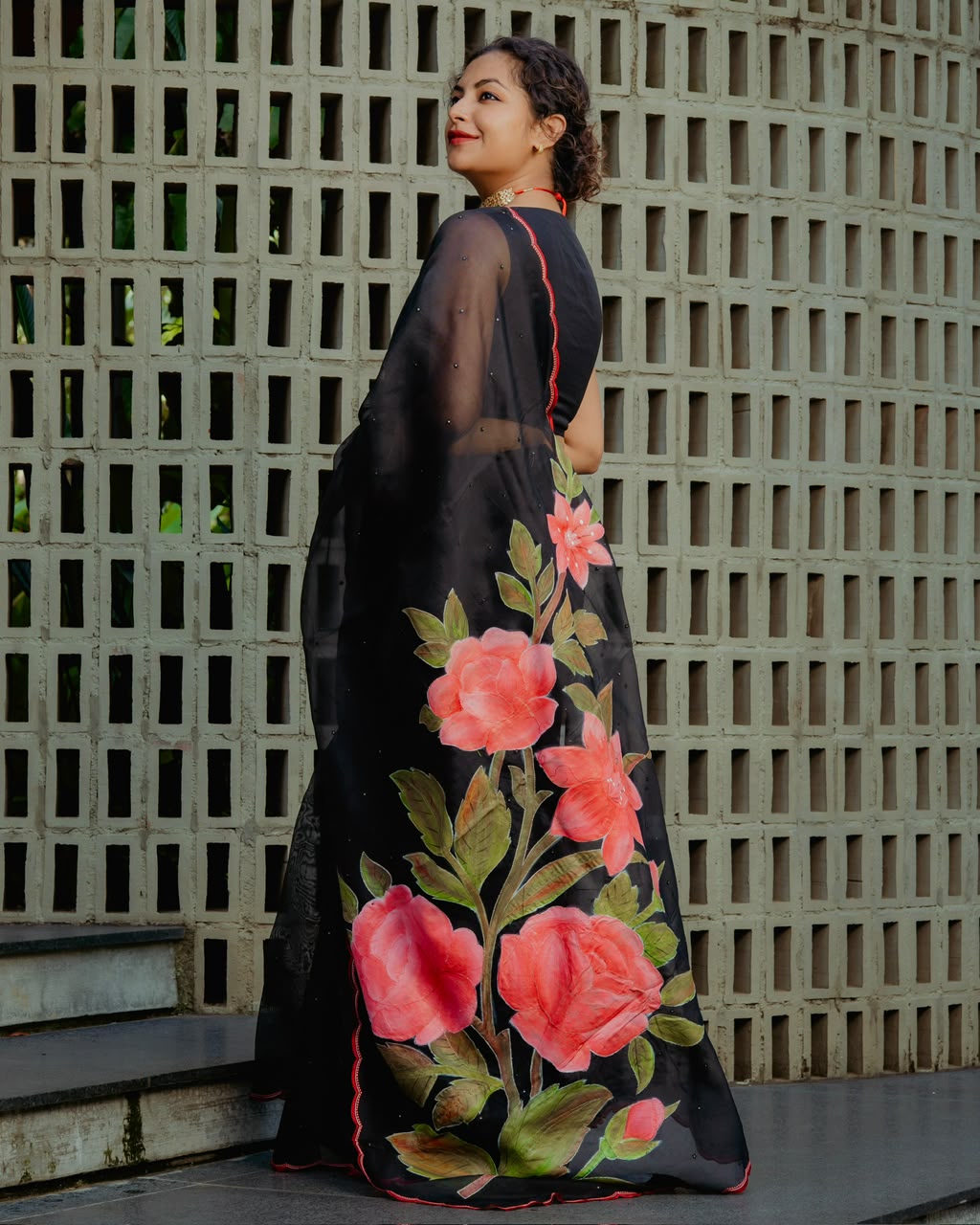 PURE SILK ORGANZA WITH FLORAL HAND PAINTING