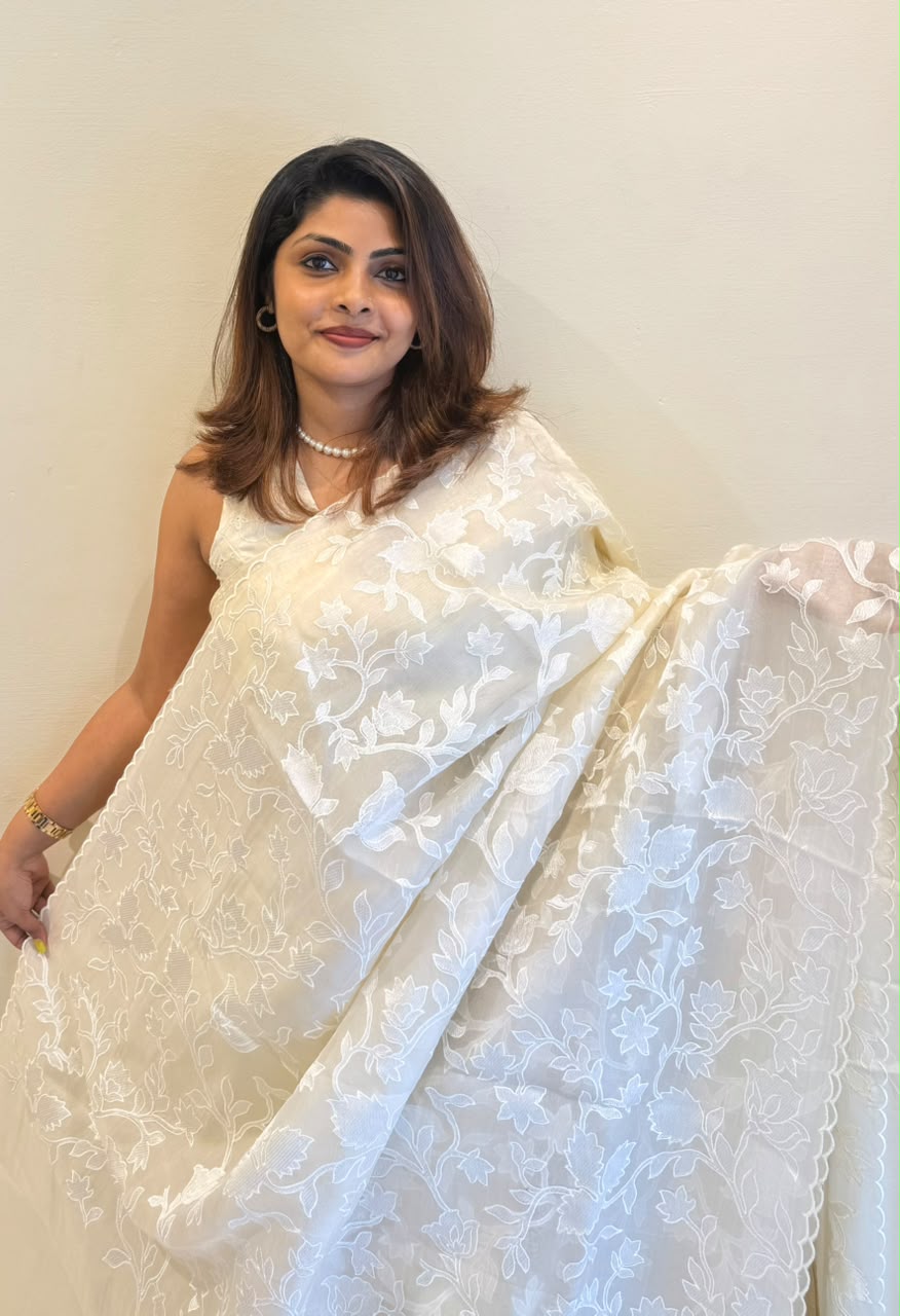 OFFFWHITE IVORY PURE SILK ORGANZA WITH ALL OVER EMBROIDERY