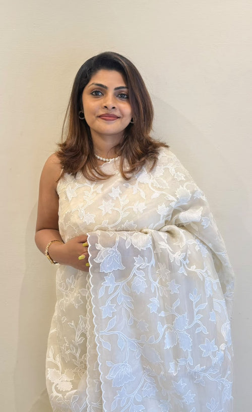 OFFFWHITE IVORY PURE SILK ORGANZA WITH ALL OVER EMBROIDERY