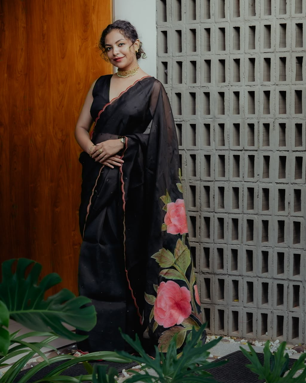 PURE SILK ORGANZA WITH FLORAL HAND PAINTING