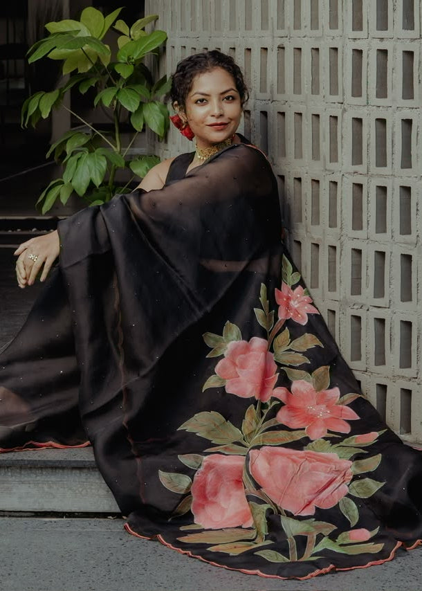 PURE SILK ORGANZA WITH FLORAL HAND PAINTING